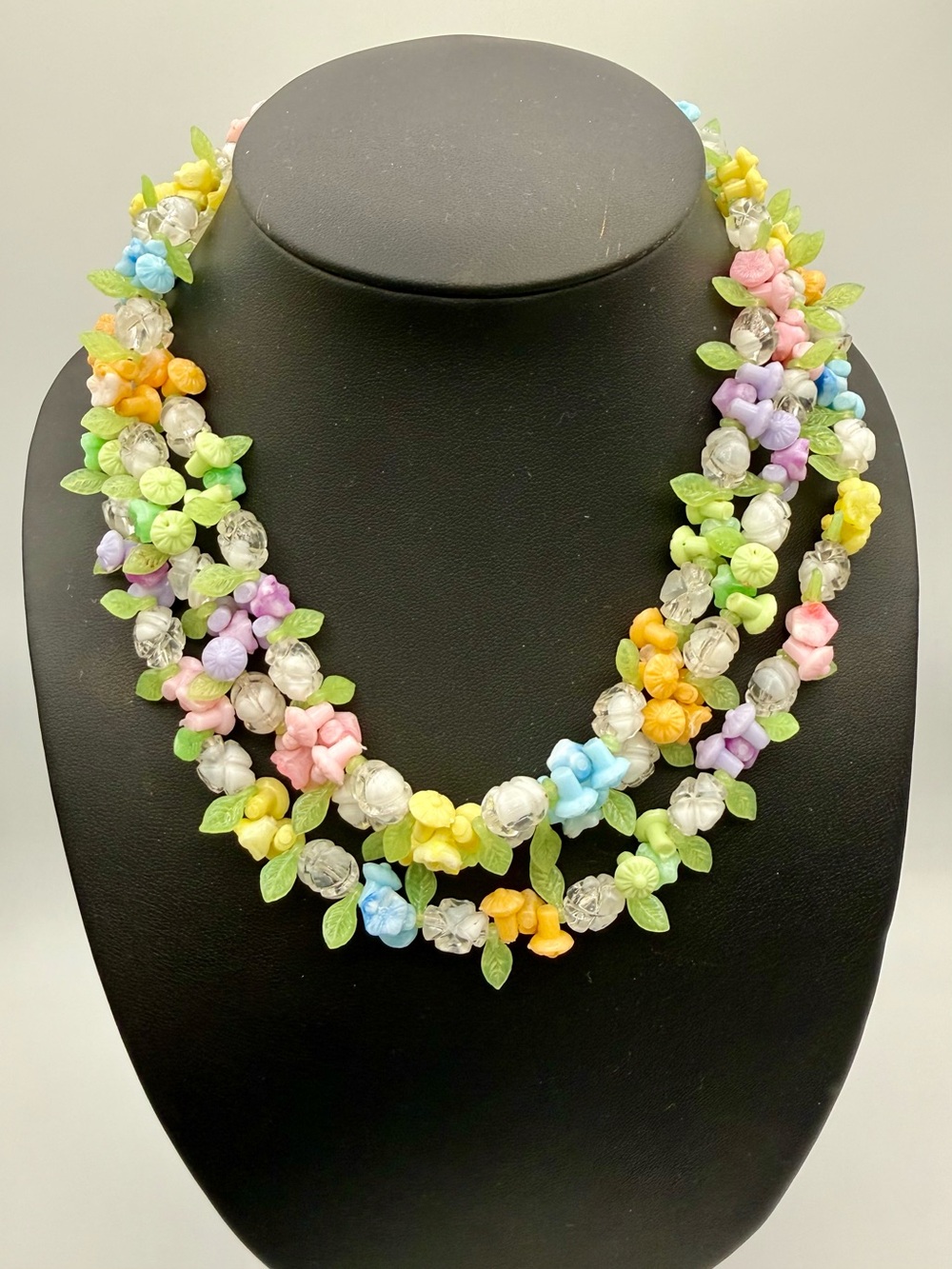 Vintage 1950s–60s Pastel Floral Lucite Necklace | 54” Long | UV Reactive |